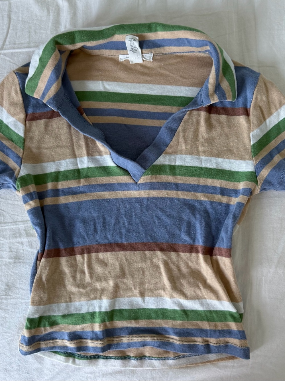 Full Tilt Striped Polo Top in Blue, Tan, Green, White